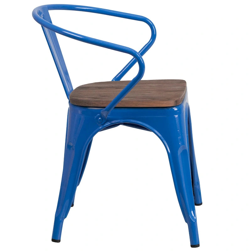 Chaise de bistrot empilable en métal avec assise et accoudoirs en bois d'orme