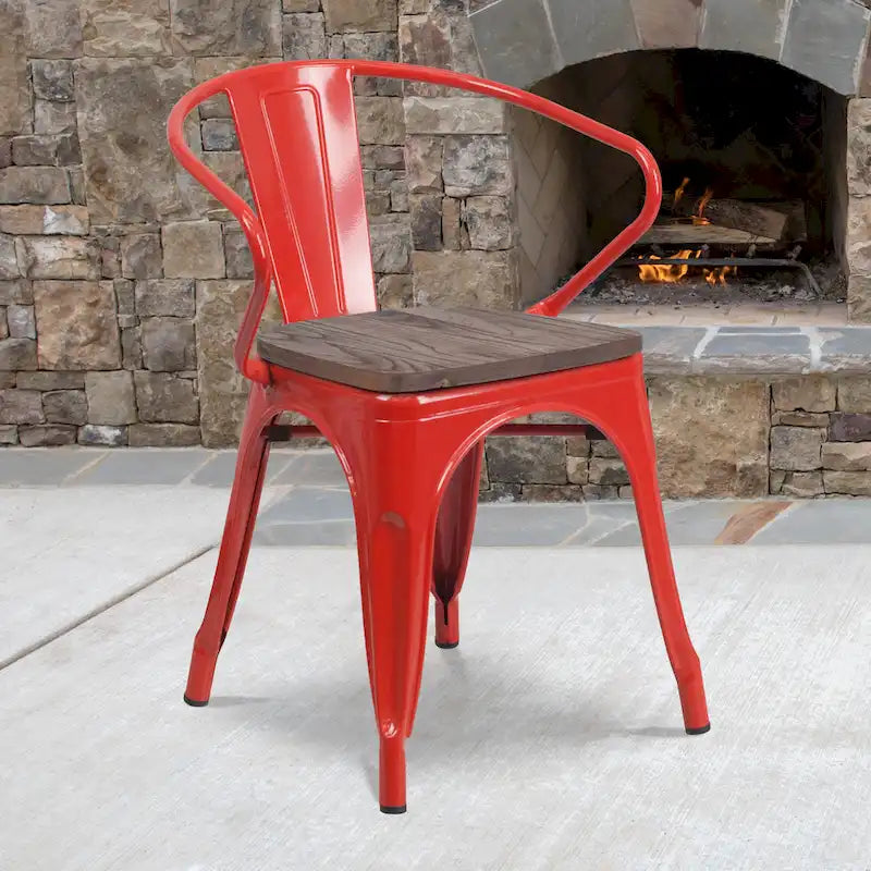 Chaise de bistrot empilable en métal avec assise et accoudoirs en bois d'orme