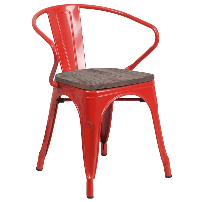 Chaise de bistrot empilable en métal avec assise et accoudoirs en bois d'orme