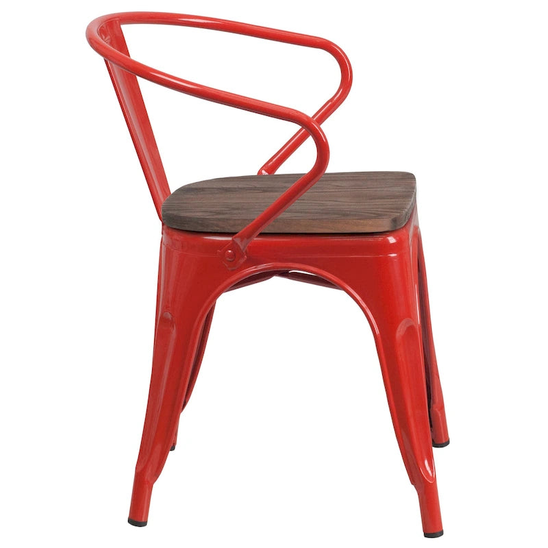 Chaise de bistrot empilable en métal avec assise et accoudoirs en bois d'orme