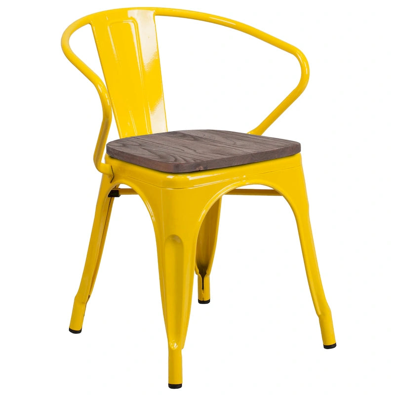 Chaise de bistrot empilable en métal avec assise et accoudoirs en bois d'orme