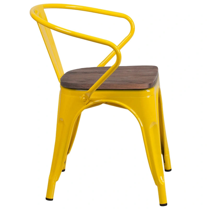 Chaise de bistrot empilable en métal avec assise et accoudoirs en bois d'orme