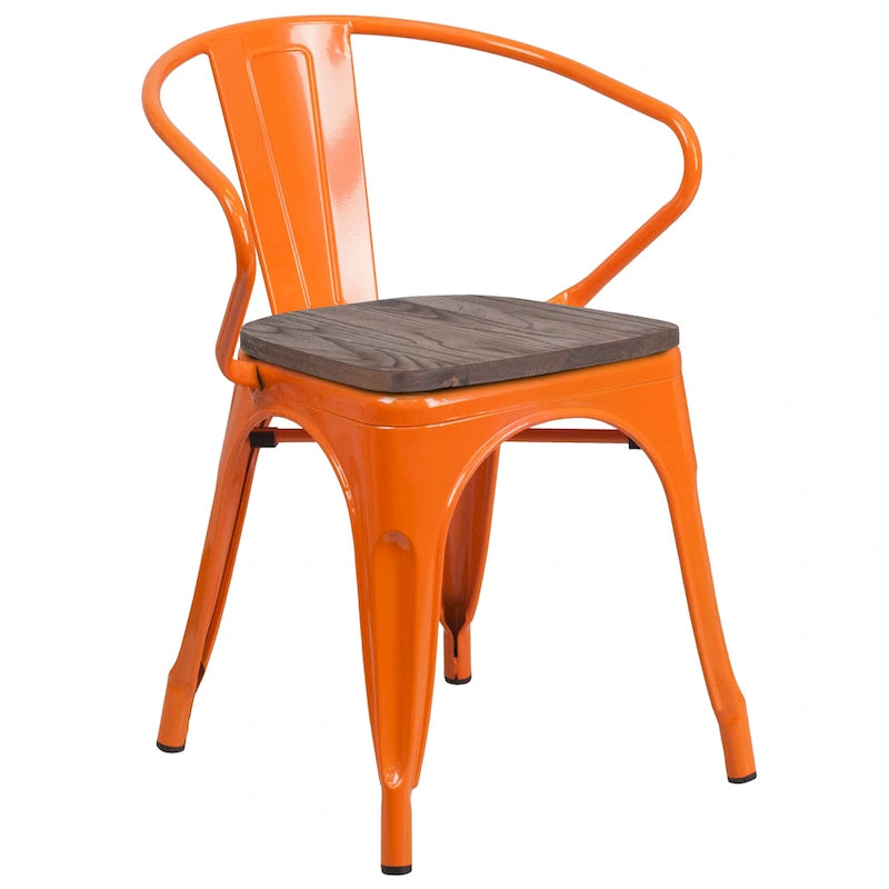 Chaise de bistrot empilable en métal avec assise et accoudoirs en bois d'orme