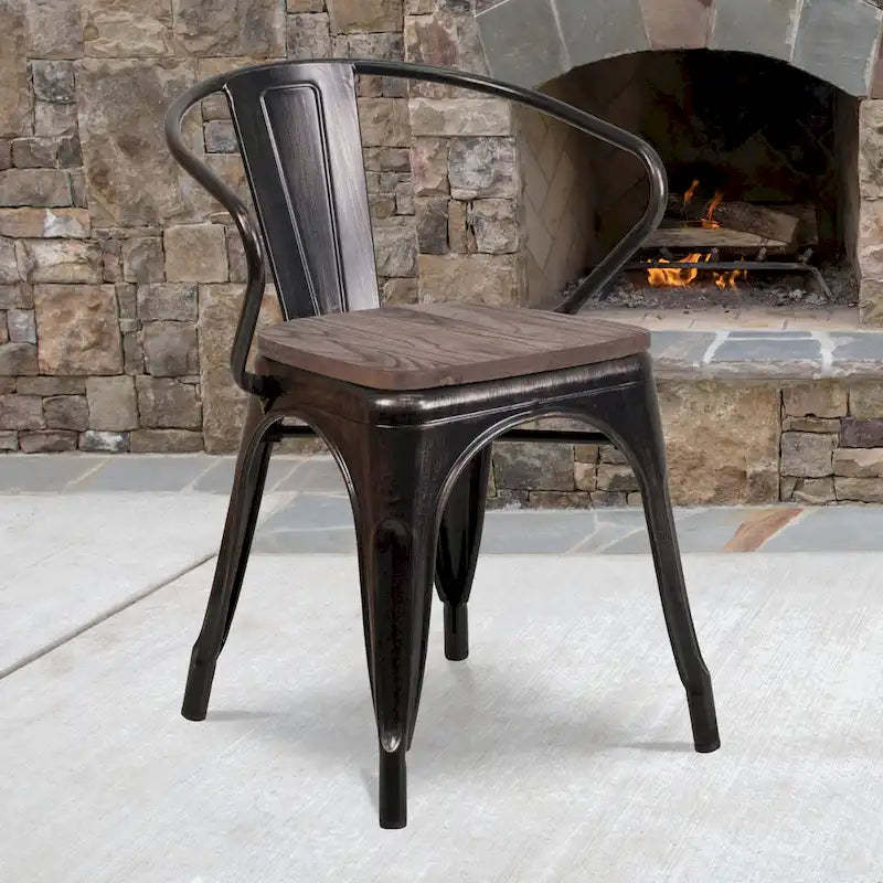 Chaise de bistrot empilable en métal avec assise et accoudoirs en bois d'orme