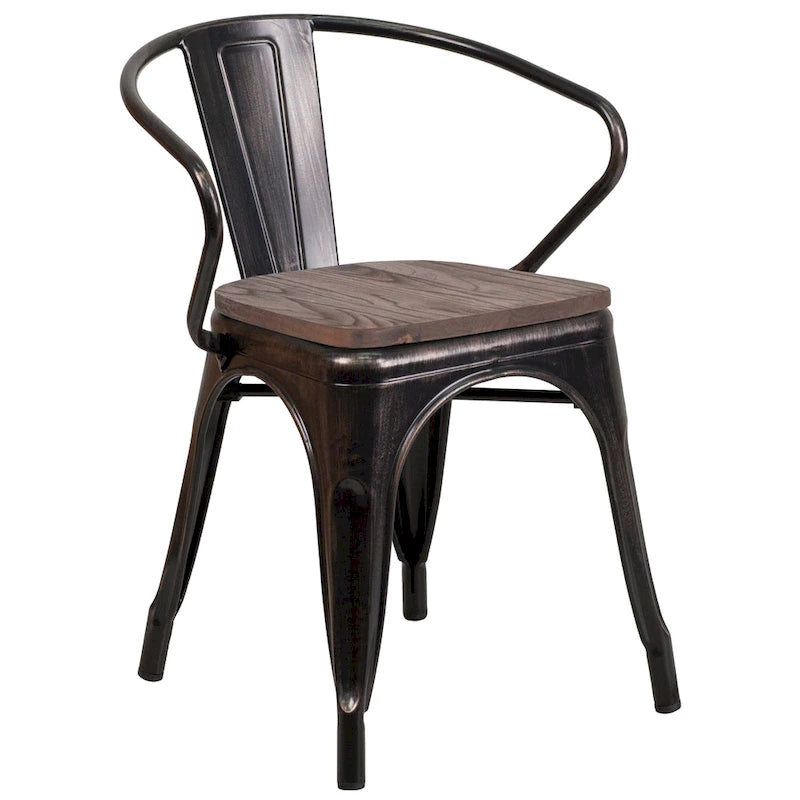 Chaise de bistrot empilable en métal avec assise et accoudoirs en bois d'orme