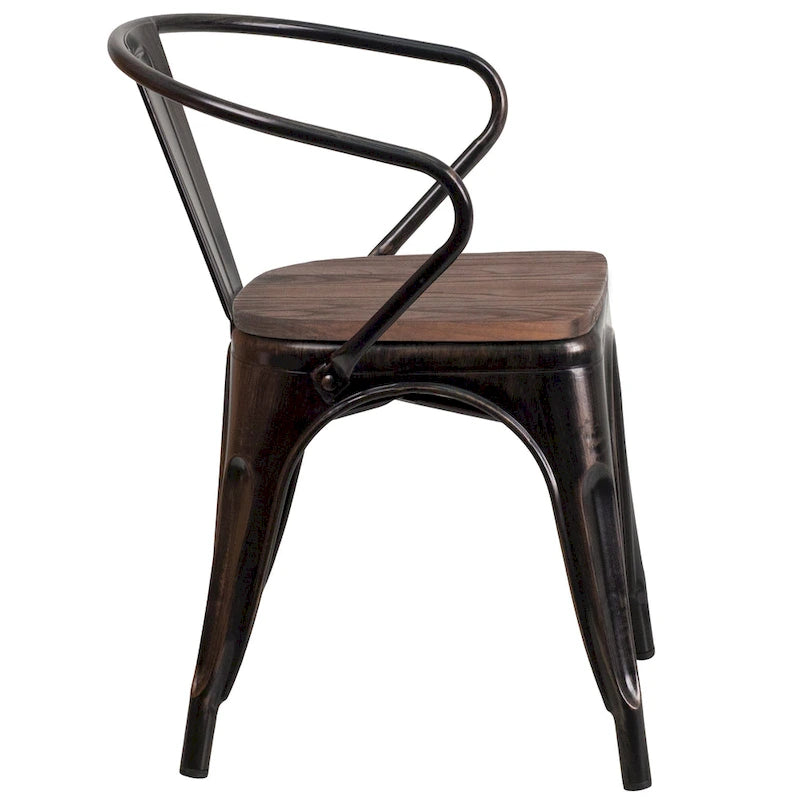 Chaise de bistrot empilable en métal avec assise et accoudoirs en bois d'orme
