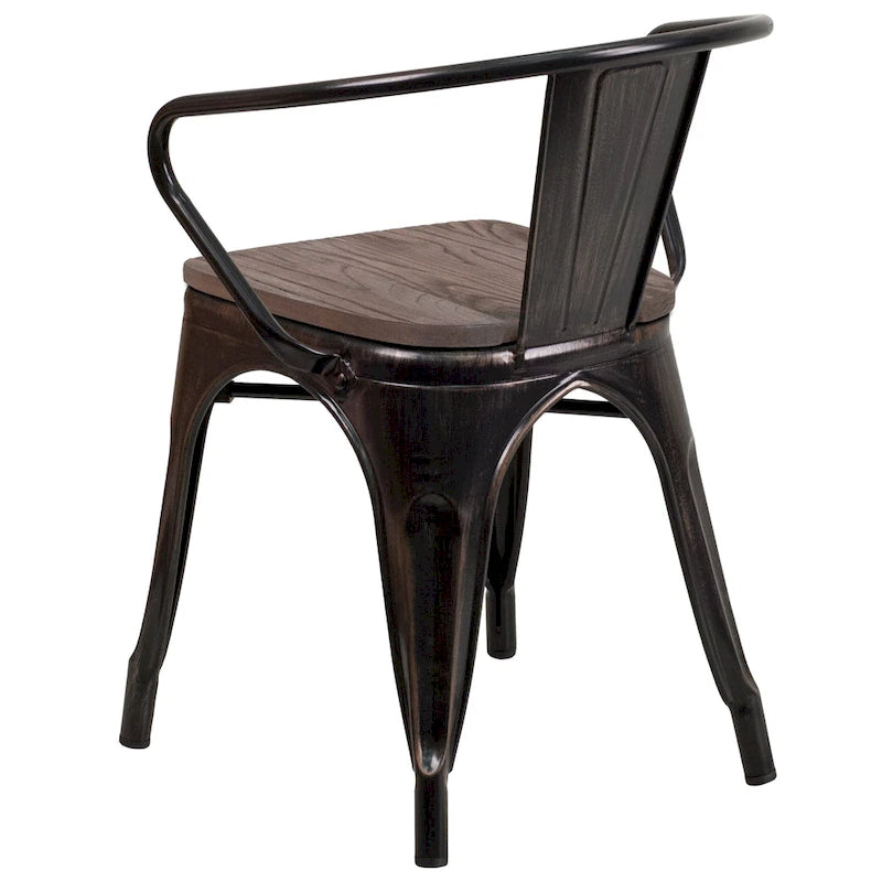 Chaise de bistrot empilable en métal avec assise et accoudoirs en bois d'orme