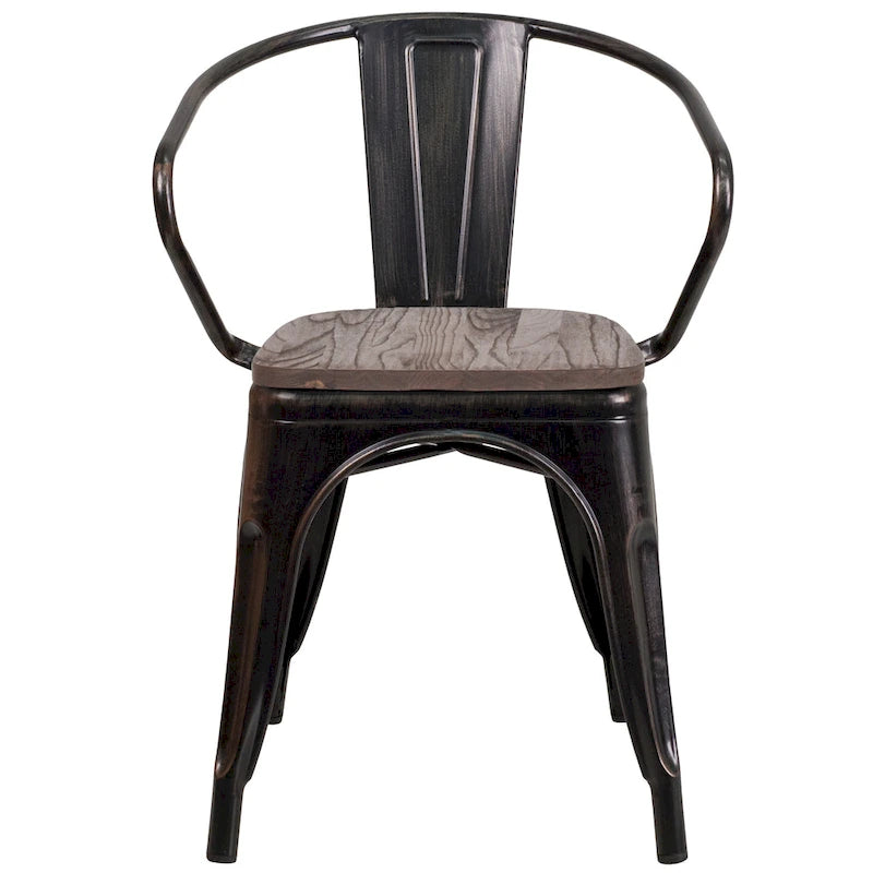 Chaise de bistrot empilable en métal avec assise et accoudoirs en bois d'orme