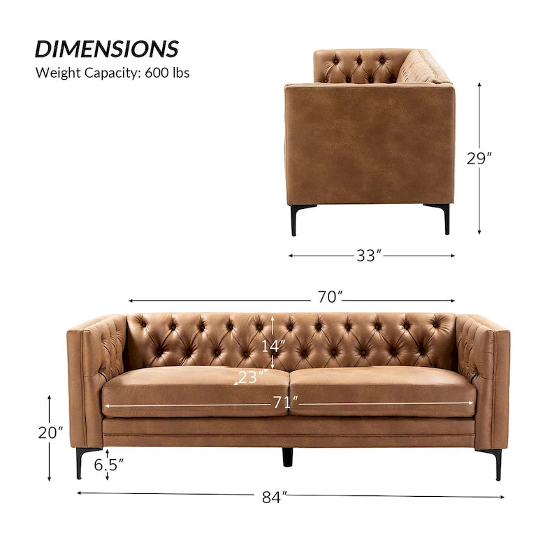 84" Classic Square Arms Sofa with Button-Tufted Back