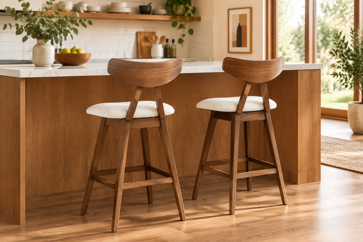 Mid-Century Fabric and Rubberwood Counter Stools (Set of 2)