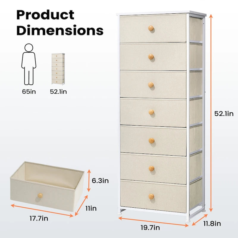 7-Drawer Fabric Dresser with Steel Frame for Bedroom