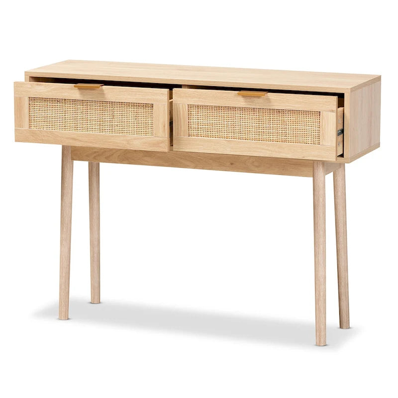 Light Oak Brown Finished Wood and Rattan 2-Drawer Console Table