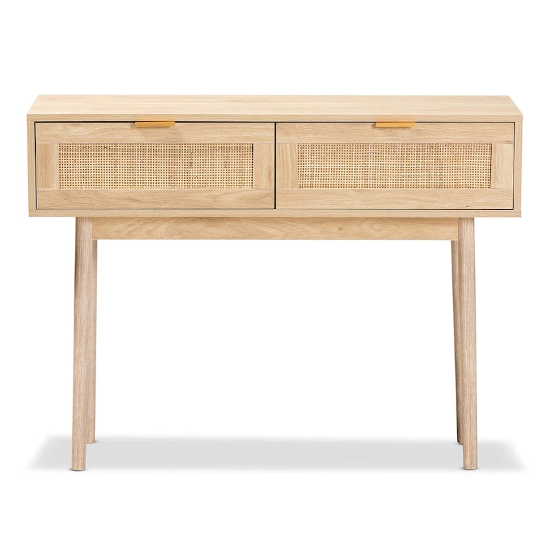 Light Oak Brown Finished Wood and Rattan 2-Drawer Console Table
