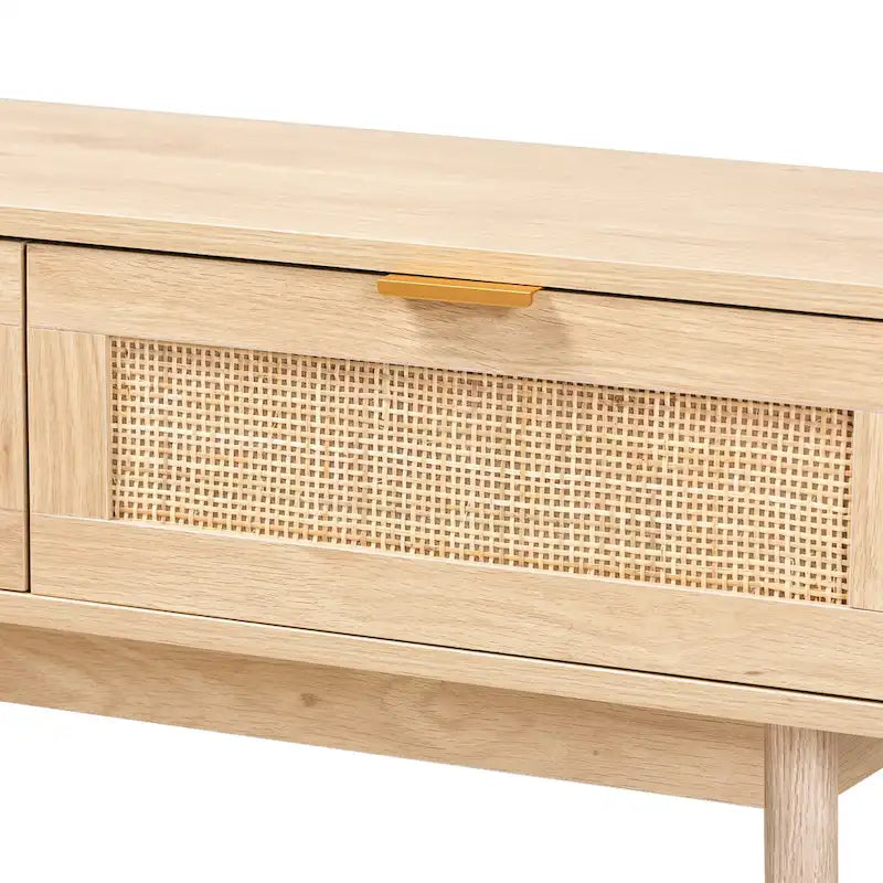 Konsolentisch aus Holz in Hell-Eiche-Braun und Rattan mit 2 Schubladen, lackiert