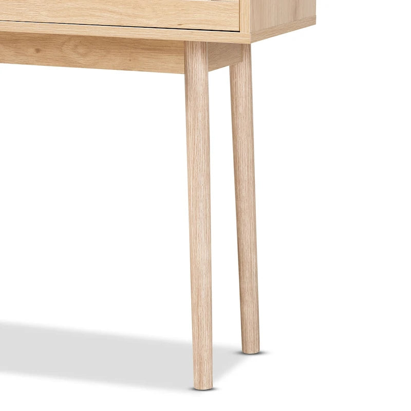 Konsolentisch aus Holz in Hell-Eiche-Braun und Rattan mit 2 Schubladen, lackiert