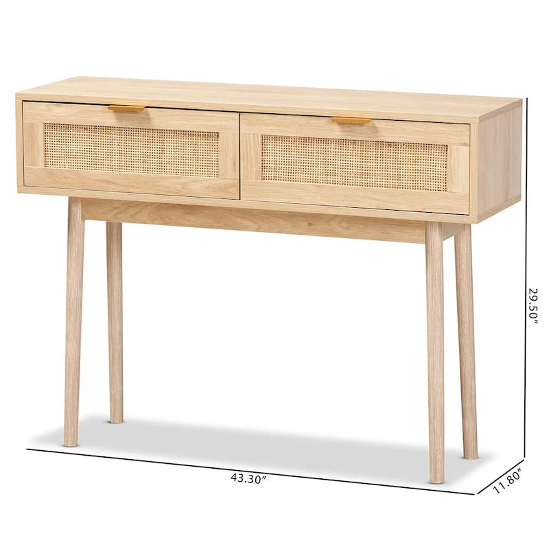 Konsolentisch aus Holz in Hell-Eiche-Braun und Rattan mit 2 Schubladen, lackiert