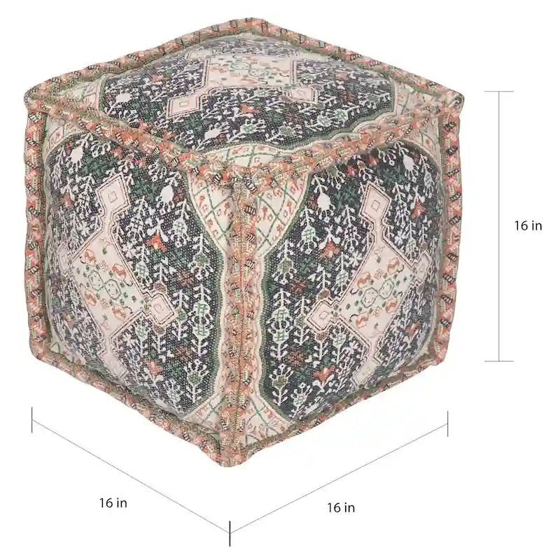 Handmade Printed Cotton Pouf from India, 16 x 16 x 16 in