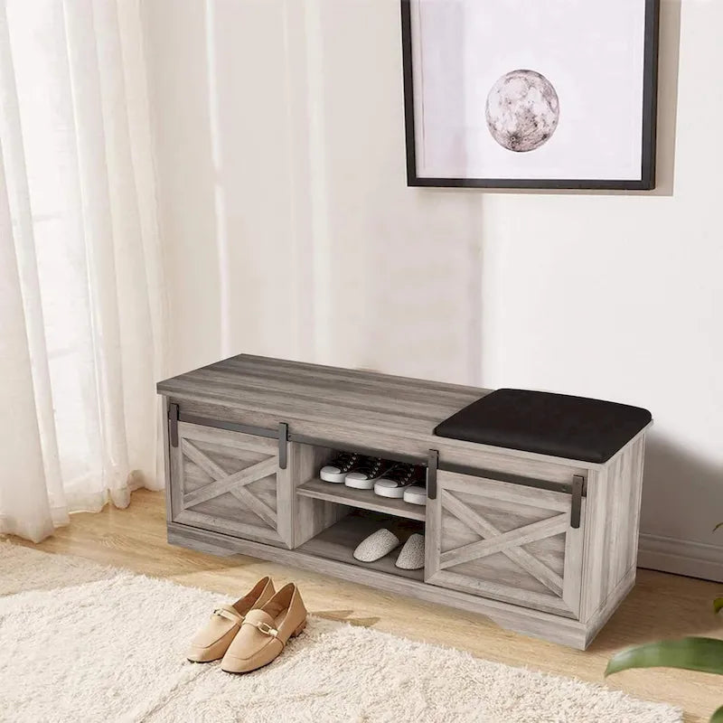 47-Inch Farmhouse Entryway Shoe Storage Bench with Cushion