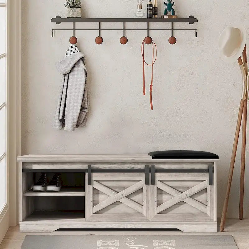 47-Inch Farmhouse Entryway Shoe Storage Bench with Cushion