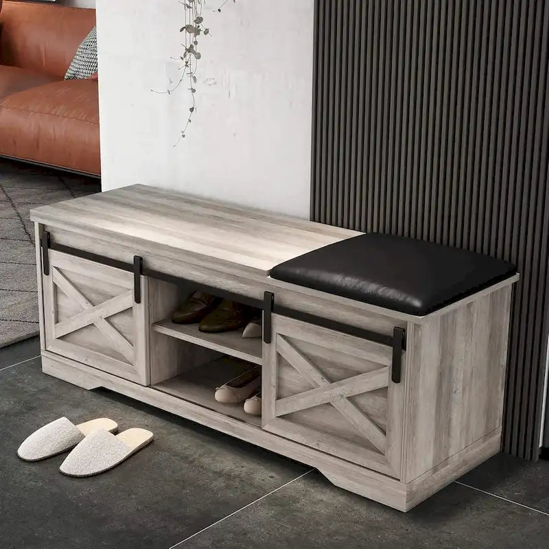 47-Inch Farmhouse Entryway Shoe Storage Bench with Cushion