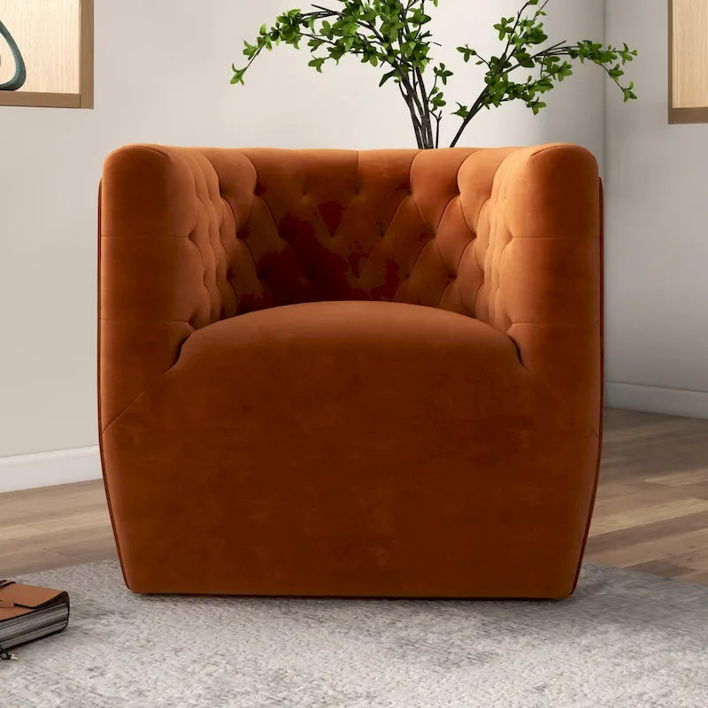 Burnt Orange Velvet Swivel Accent Chair, Mid-Century Modern