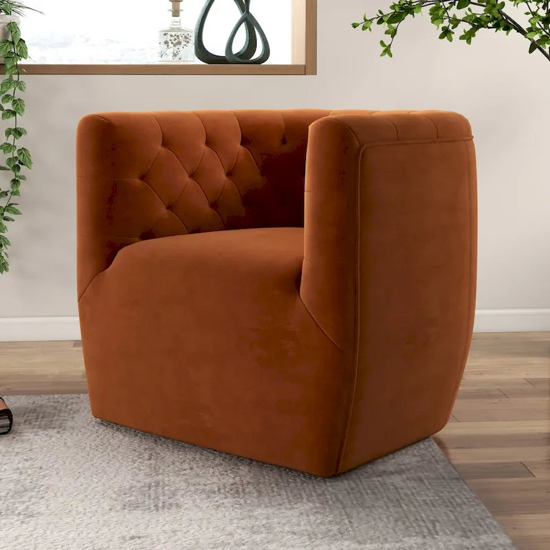 Burnt Orange Velvet Swivel Accent Chair, Mid-Century Modern