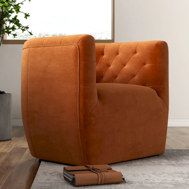 Burnt Orange Velvet Swivel Accent Chair, Mid-Century Modern