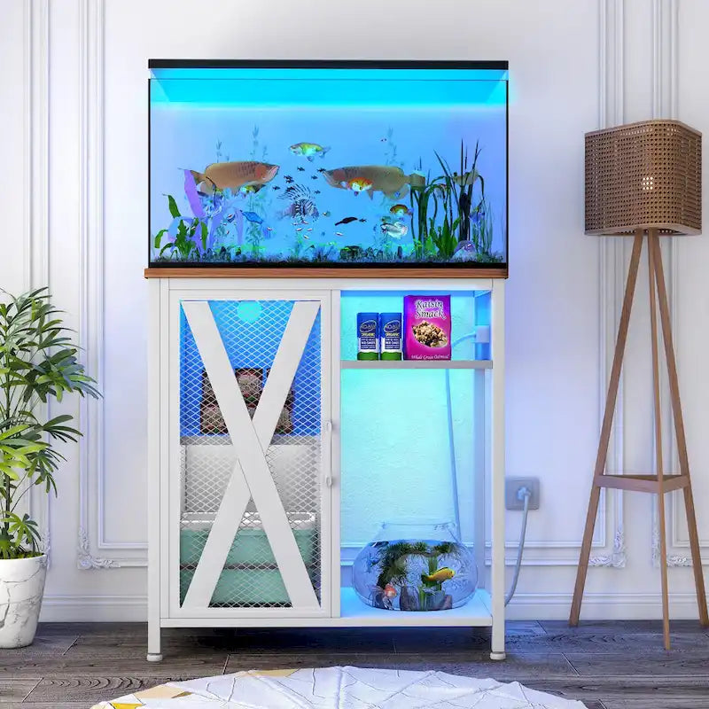 Aquarium Stand with Power Outlets, 7-Color RGB Light and Storage Cabinet