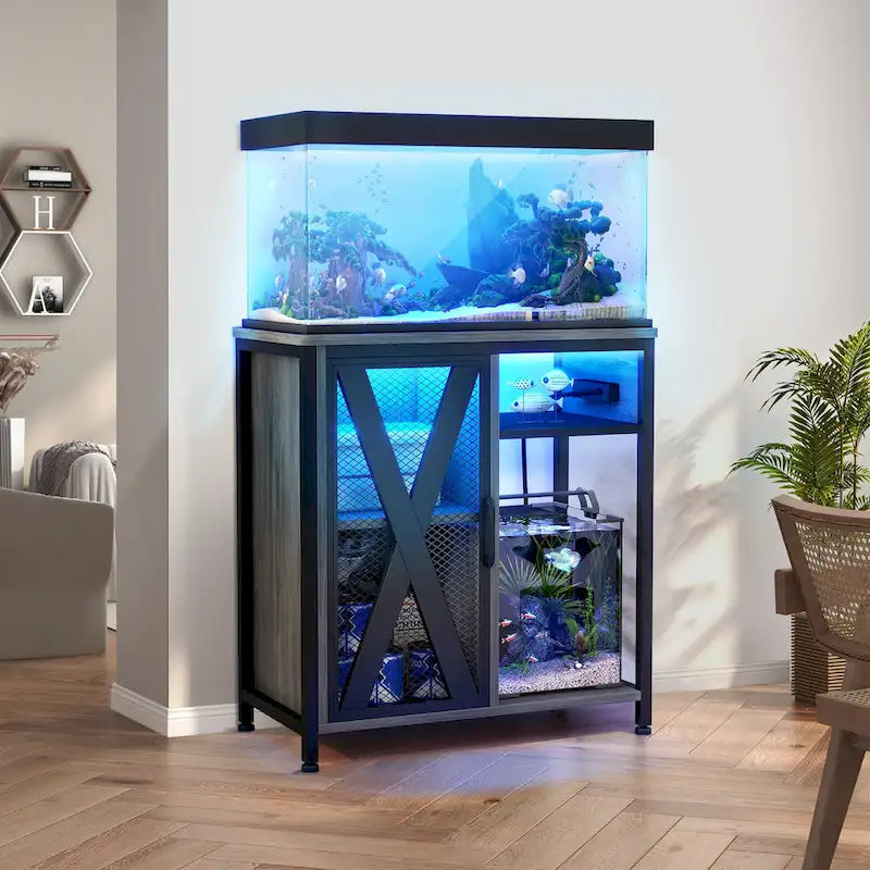 Aquarium Stand with Power Outlets, 7-Color RGB Light and Storage Cabinet