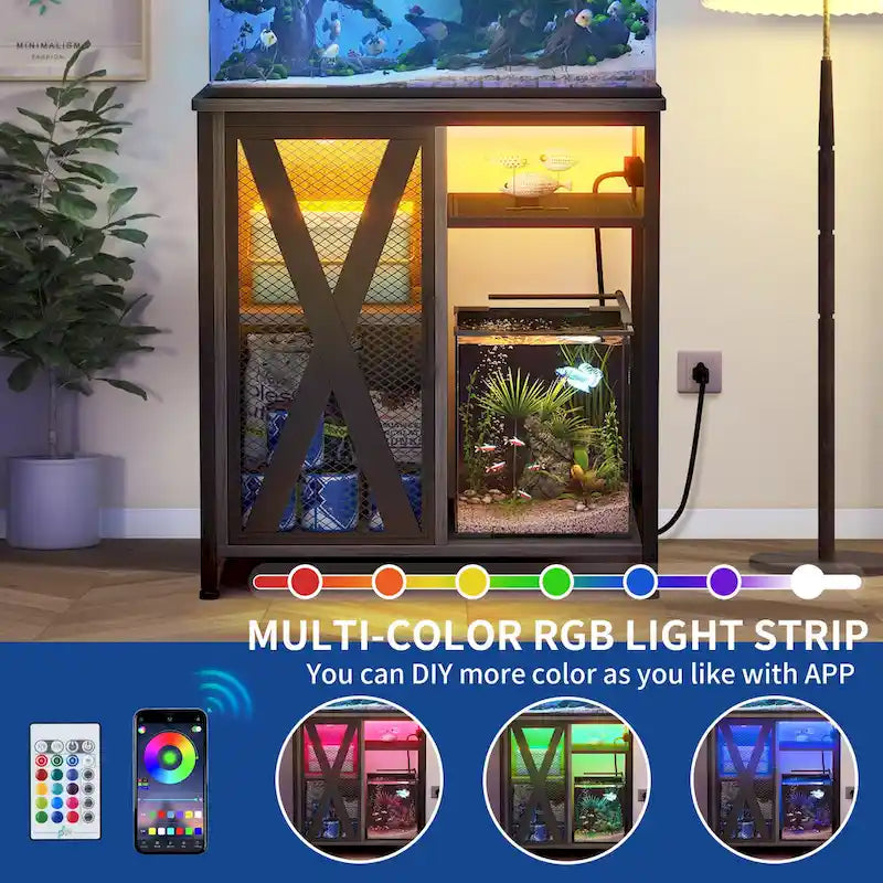 Aquarium Stand with Power Outlets, 7-Color RGB Light and Storage Cabinet