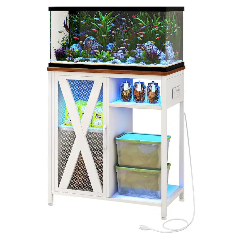 Aquarium Stand with Power Outlets, 7-Color RGB Light and Storage Cabinet