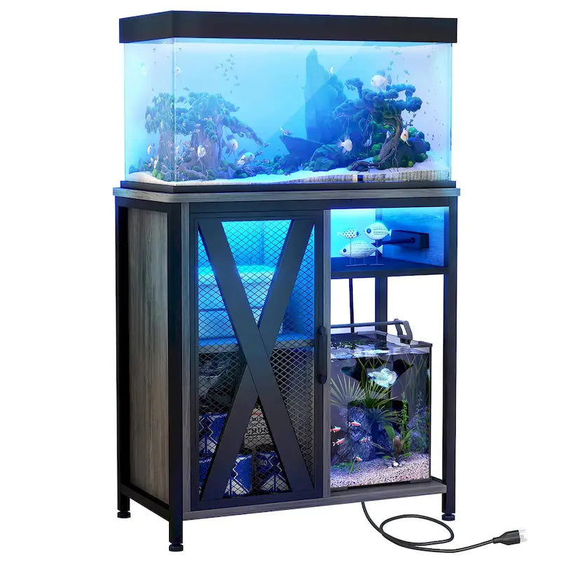 Aquarium Stand with Power Outlets, 7-Color RGB Light and Storage Cabinet