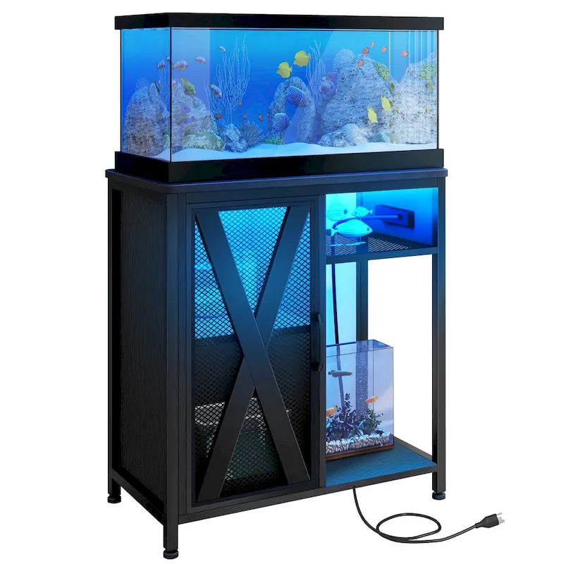 Aquarium Stand with Power Outlets, 7-Color RGB Light and Storage Cabinet