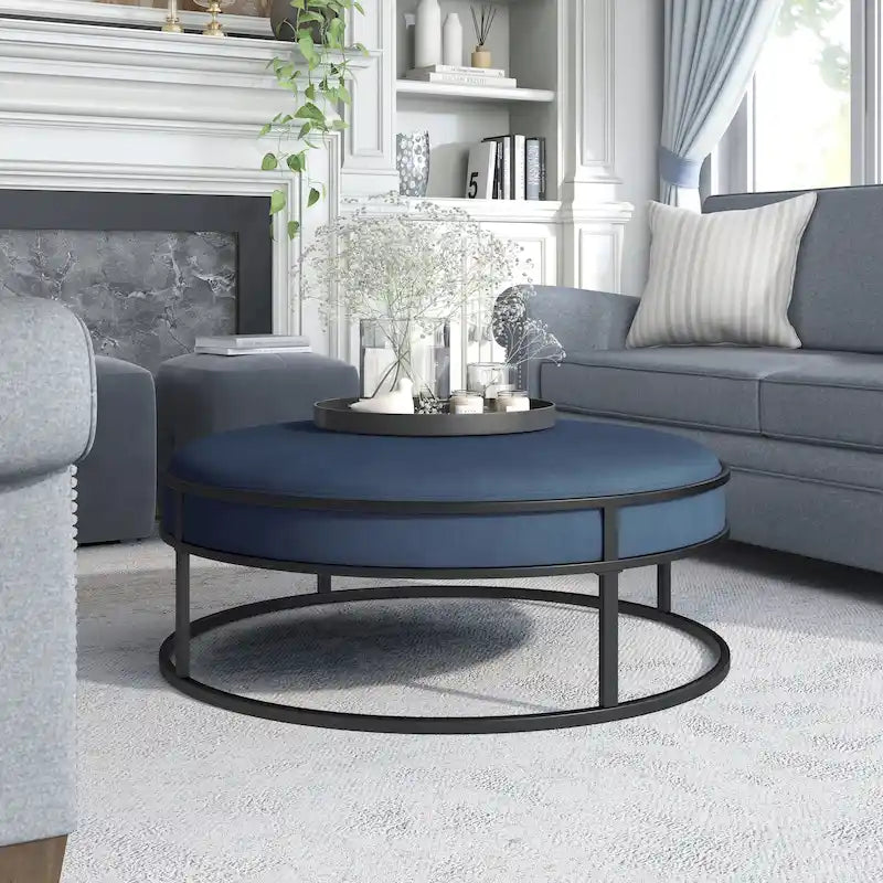 Contemporary Round Fabric Ottoman with Cushion