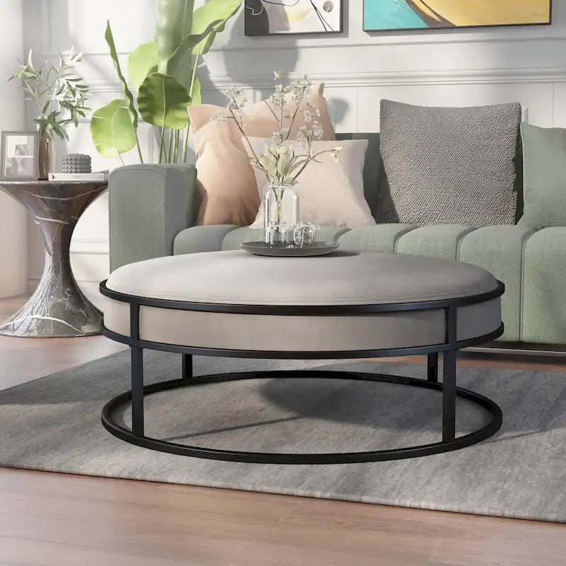 Contemporary Round Fabric Ottoman with Cushion
