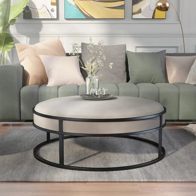 Contemporary Round Fabric Ottoman with Cushion