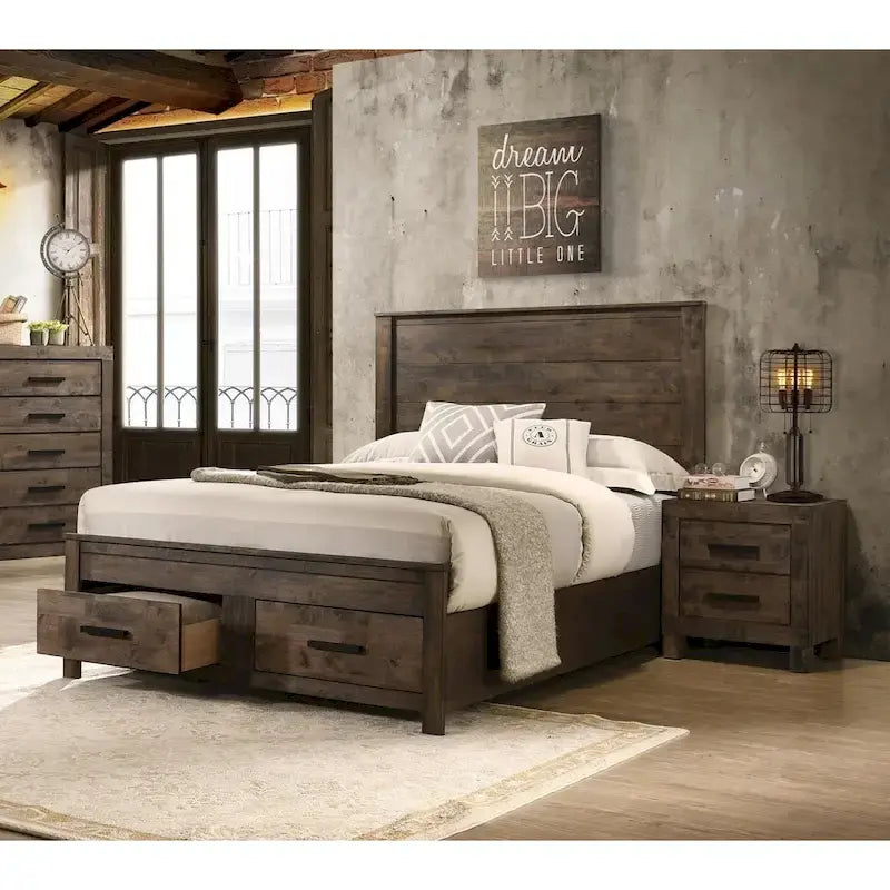 Golden Brown Wooden Storage Bed with Two Footboard Drawers