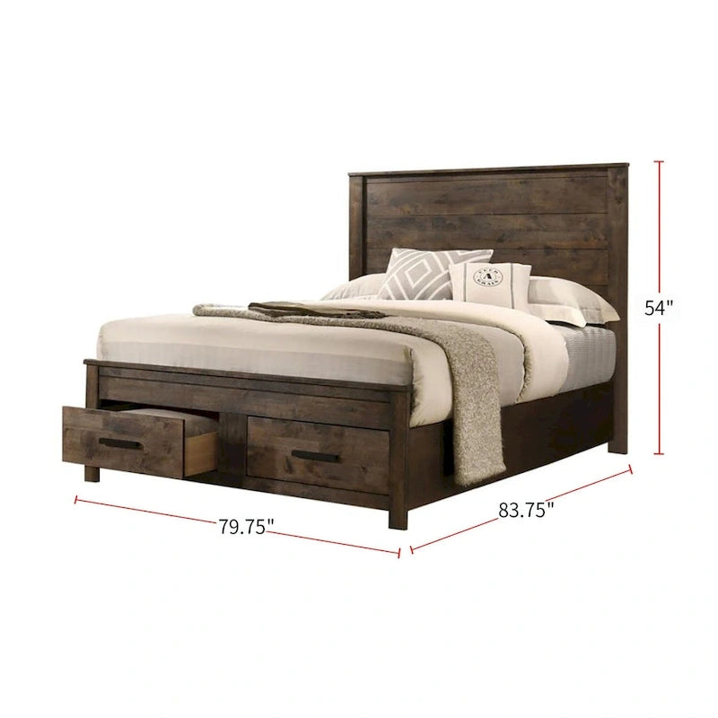Golden Brown Wooden Storage Bed with Two Footboard Drawers