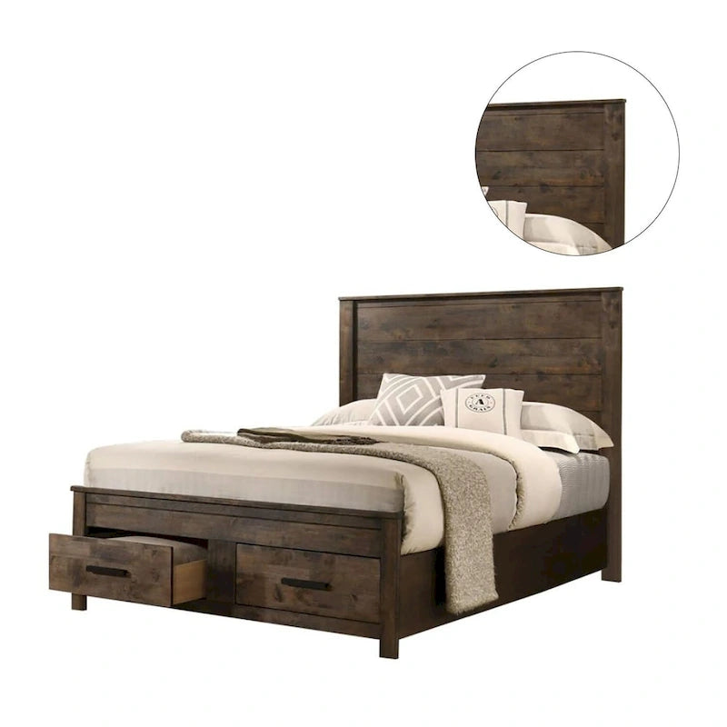 Golden Brown Wooden Storage Bed with Two Footboard Drawers