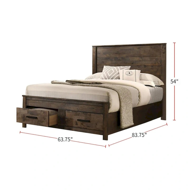 Golden Brown Wooden Storage Bed with Two Footboard Drawers