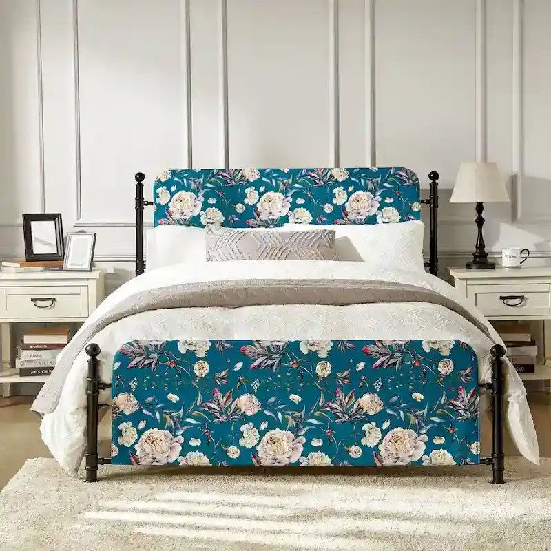 62-Inch Floral Platform Metal Bed Frame with Washable Slipcover
