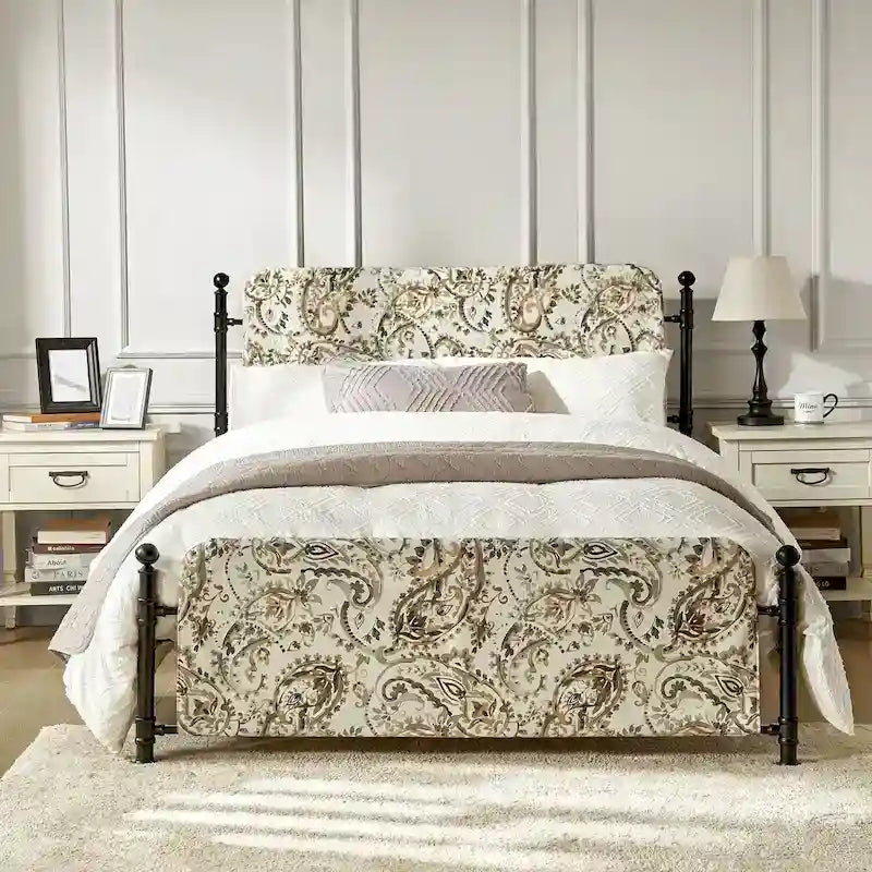 62-Inch Floral Platform Metal Bed Frame with Washable Slipcover