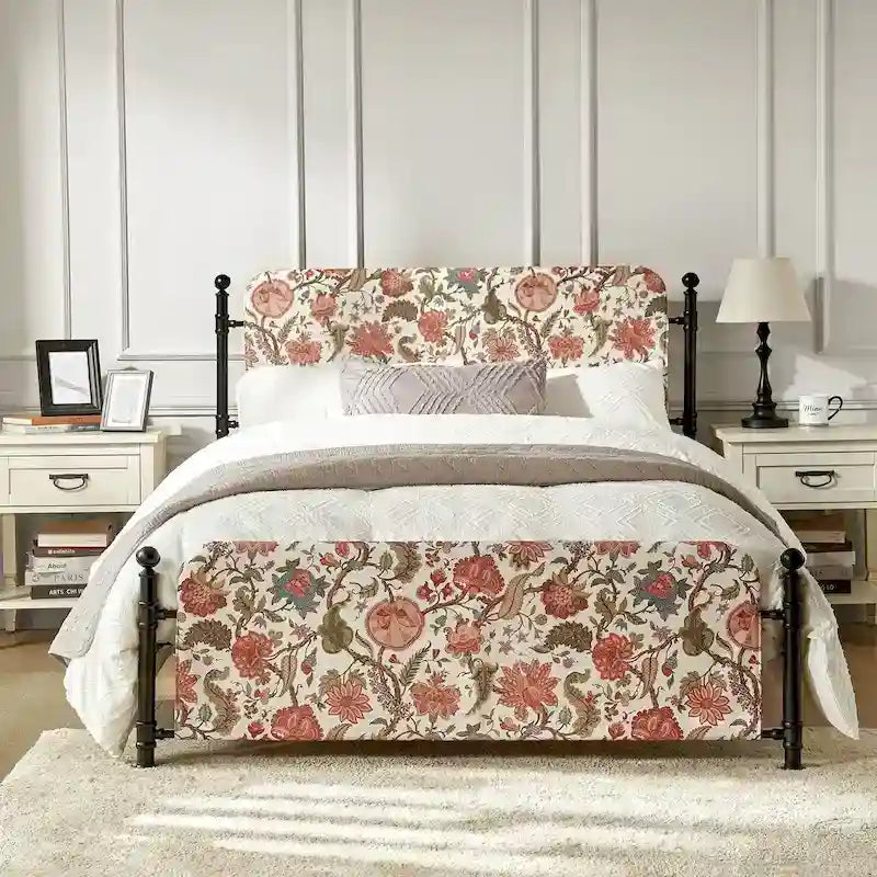 62-Inch Floral Platform Metal Bed Frame with Washable Slipcover