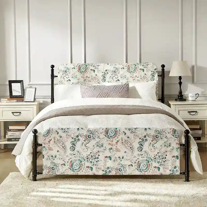 62-Inch Floral Platform Metal Bed Frame with Washable Slipcover