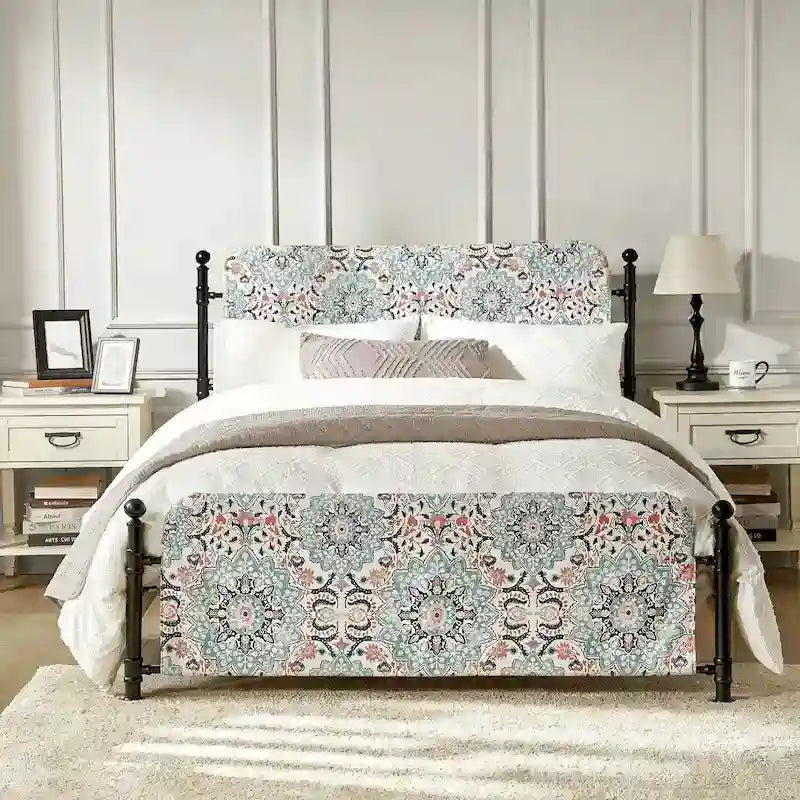 62-Inch Floral Platform Metal Bed Frame with Washable Slipcover