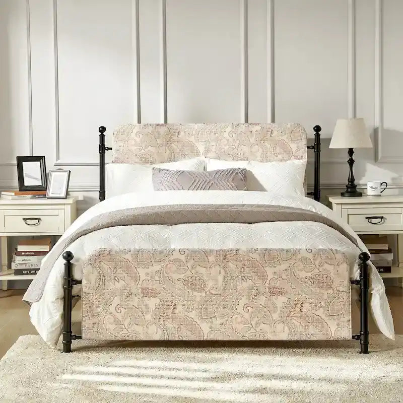 62-Inch Floral Platform Metal Bed Frame with Washable Slipcover