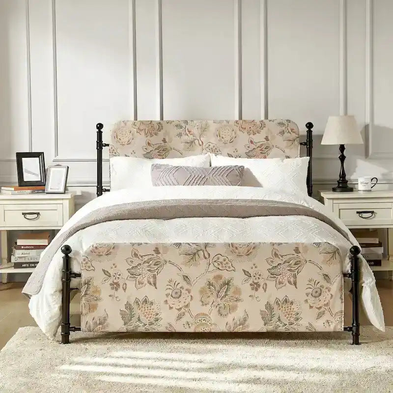 62-Inch Floral Platform Metal Bed Frame with Washable Slipcover
