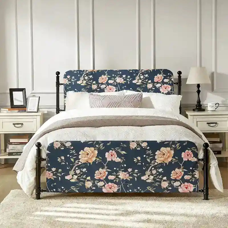 62-Inch Floral Platform Metal Bed Frame with Washable Slipcover