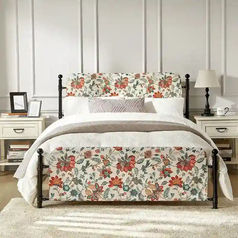 62-Inch Floral Platform Metal Bed Frame with Washable Slipcover