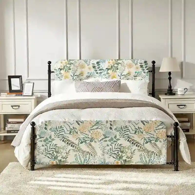 62-Inch Floral Platform Metal Bed Frame with Washable Slipcover